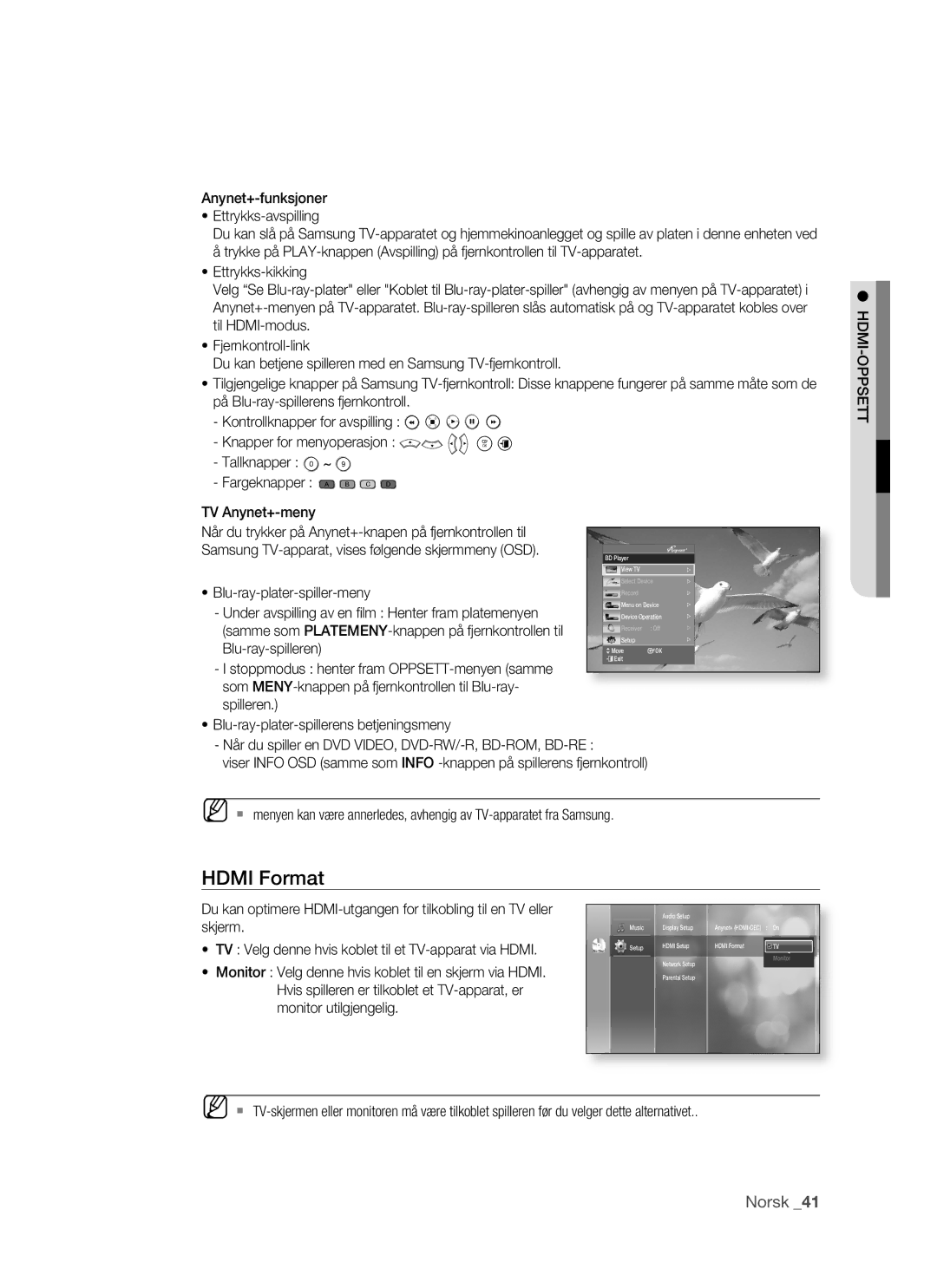 Samsung BD-P1500/XEE manual Hdmi-Oppsett, Skjerm, TV Velg denne hvis koblet til et TV-apparat via Hdmi 