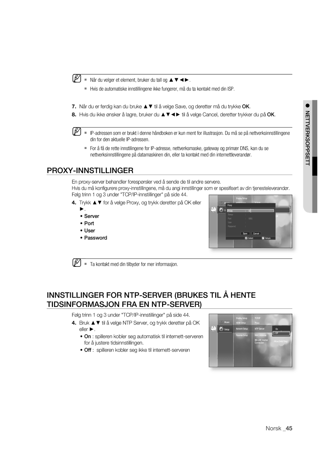 Samsung BD-P1500/XEE manual Proxy-Innstillinger, Nettverksoppsett 