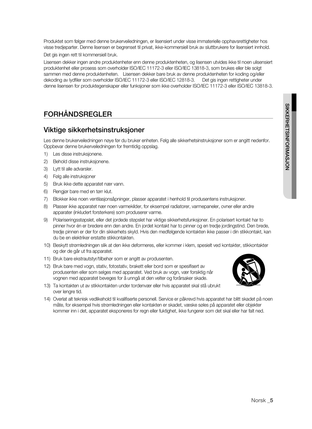 Samsung BD-P1500/XEE manual Forhåndsregler, Det gis ingen rett til kommersiell bruk, Sikkerhetsinformasjon 