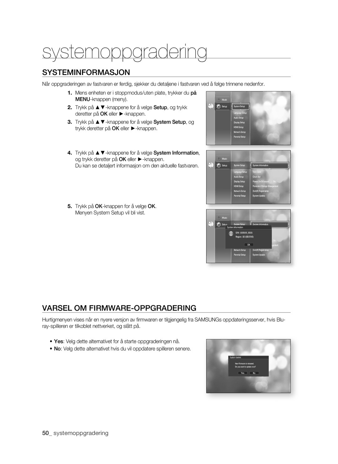 Samsung BD-P1500/XEE manual Systeminformasjon, Varsel OM FIRMWARE-OPPGRADERING 