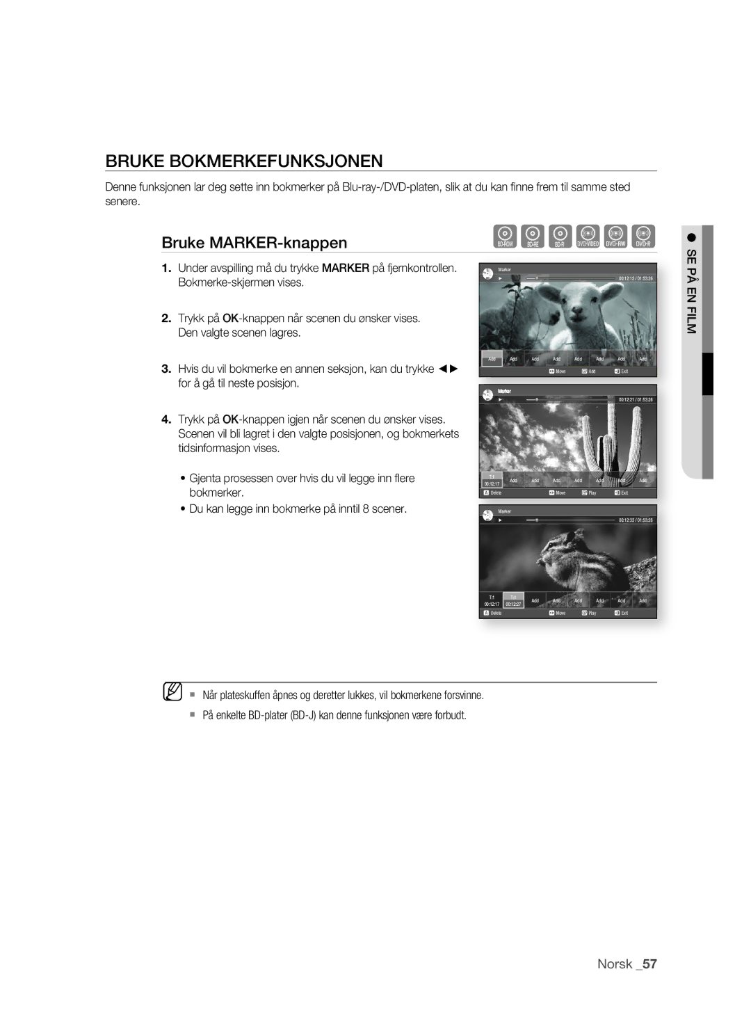 Samsung BD-P1500/XEE manual Bruke Bokmerkefunksjonen, Bruke MARKER-knappen 