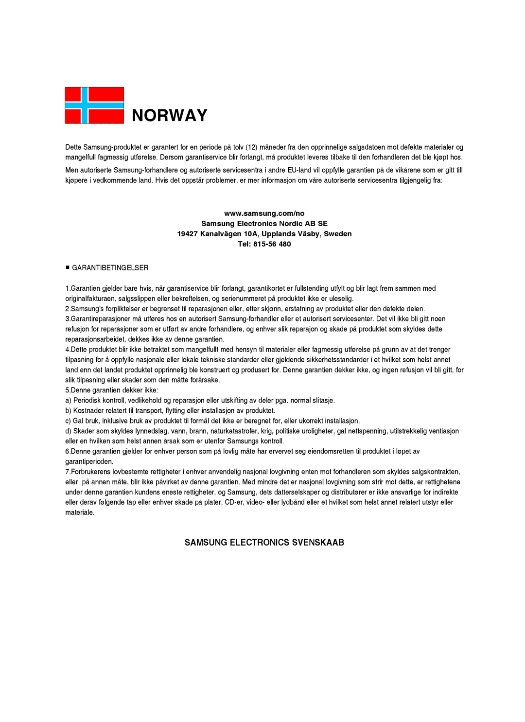 Samsung BD-P1500/XEE manual Norway 