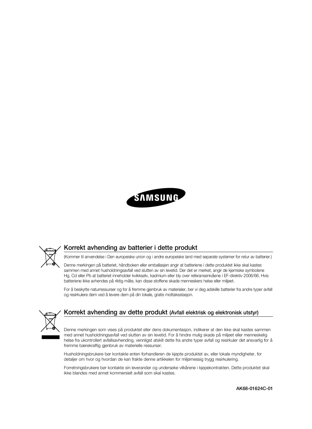 Samsung BD-P1500/XEE manual Korrekt avhending av batterier i dette produkt 