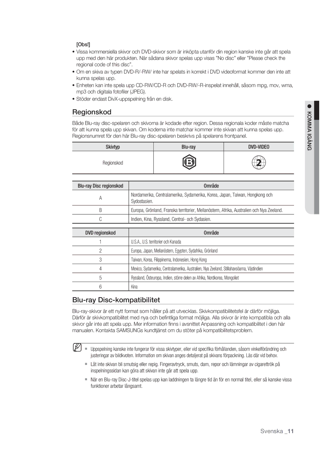 Samsung BD-P1500/XEE manual Regionskod, Blu-ray Disc-kompatibilitet 