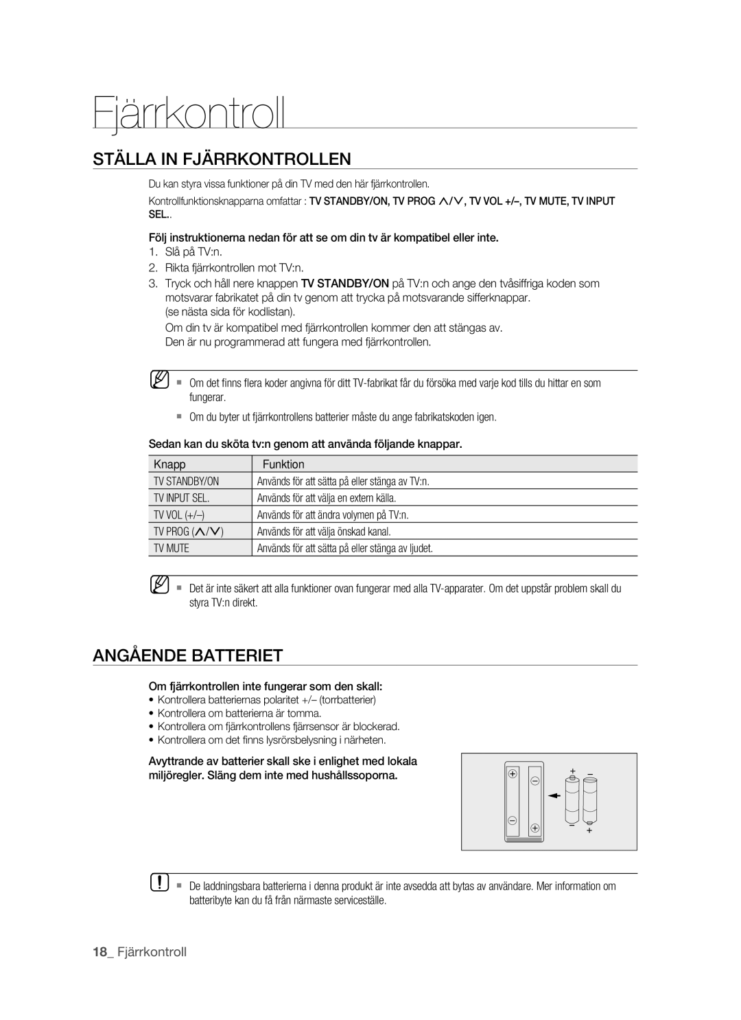 Samsung BD-P1500/XEE manual Ställa in Fjärrkontrollen, Angående Batteriet, Tv Standby/On, TV Input SEL, TV Mute 