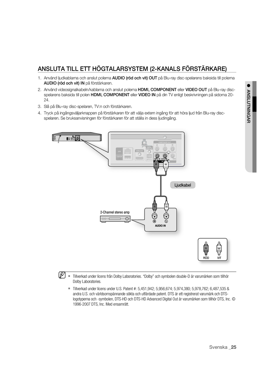 Samsung BD-P1500/XEE manual Ansluta Till ETT Högtalarsystem 2-KANALS Förstärkare, Ljudkabel 