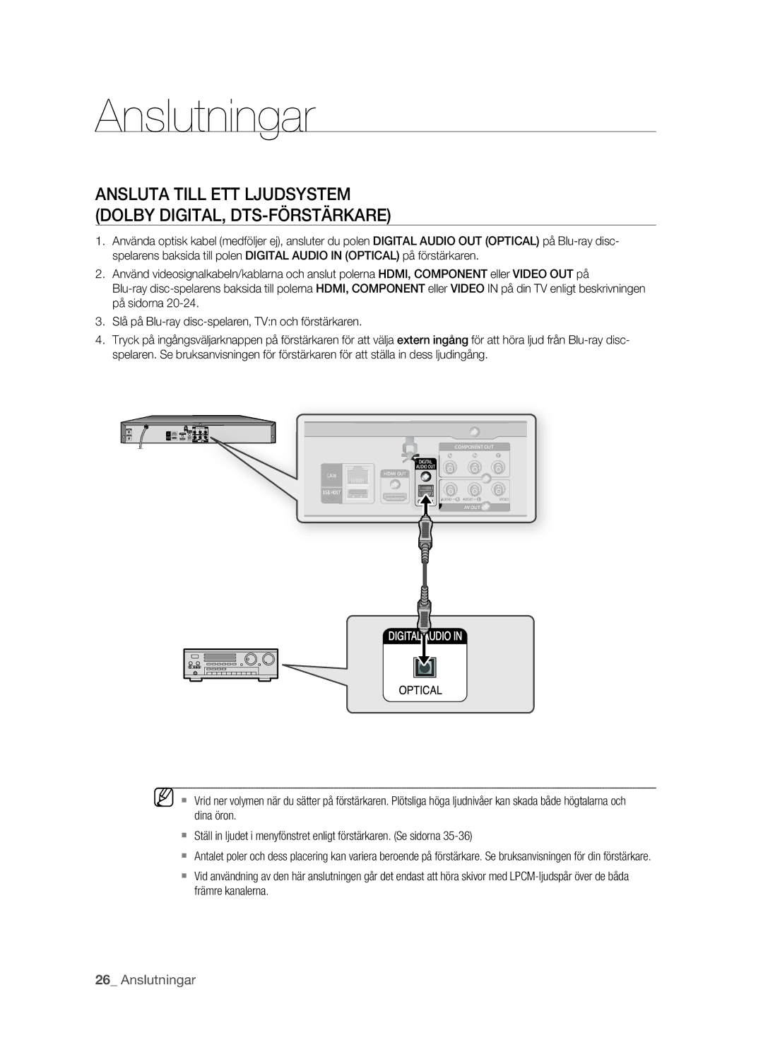 Samsung BD-P1500/XEE manual Ansluta Till ETT Ljudsystem Dolby DIGITAL, DTS-FÖRSTÄRKARE 