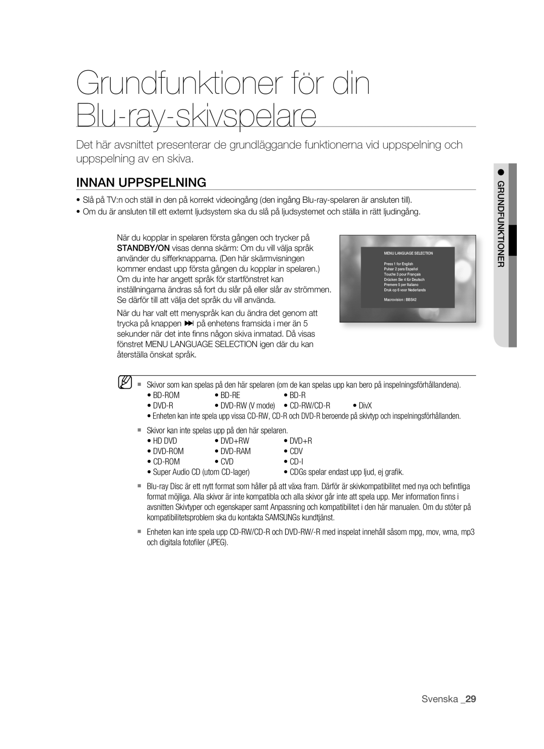 Samsung BD-P1500/XEE manual Grundfunktioner för din Blu-ray-skivspelare, Innan Uppspelning, Cd-Rw/Cd-R 