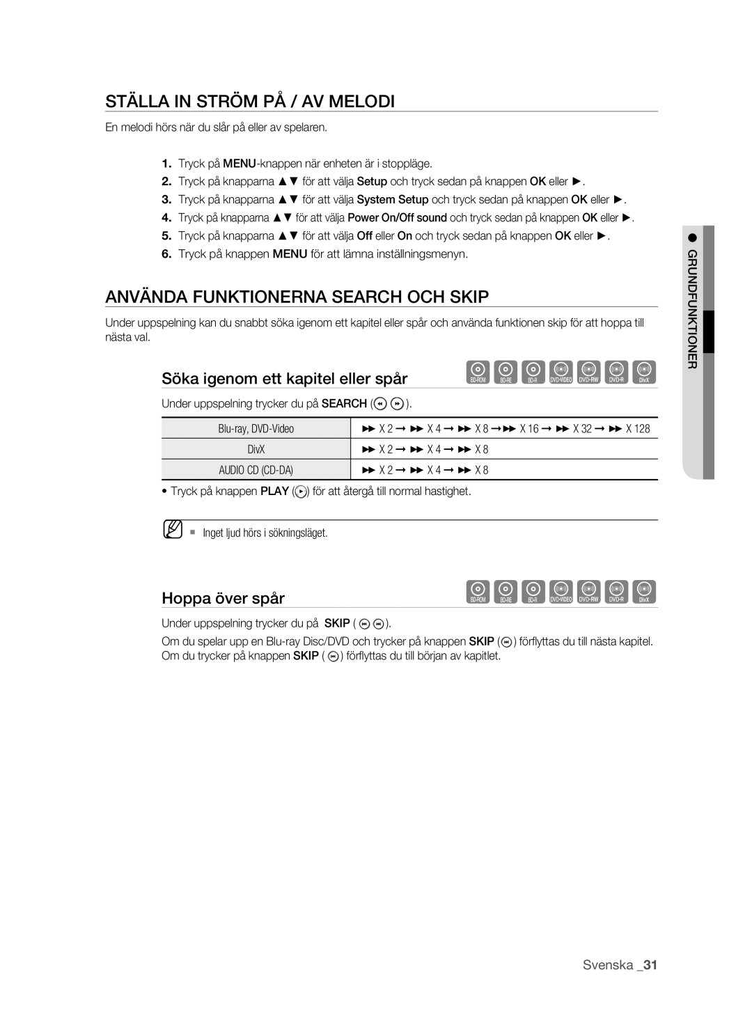 Samsung BD-P1500/XEE manual Ställa in Ström PÅ / AV Melodi, Använda Funktionerna Search OCH Skip, Hoppa över spår 