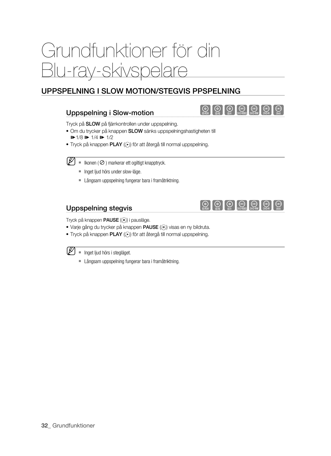 Samsung BD-P1500/XEE manual Uppspelning I Slow MOTION/STEGVIS Ppspelning, Uppspelning i Slow-motion, Uppspelning stegvis 