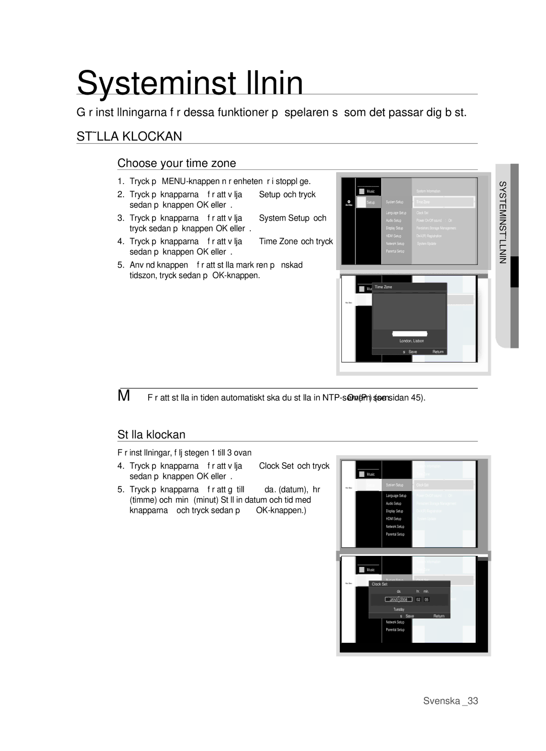 Samsung BD-P1500/XEE manual Systeminställnin, Ställa Klockan, Choose your time zone, Ställa klockan 