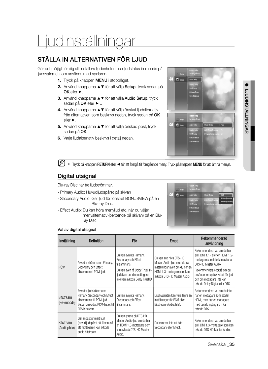 Samsung BD-P1500/XEE manual Ljudinställningar, Ställa in Alternativen FÖR Ljud, Digital utsignal, Pcm 