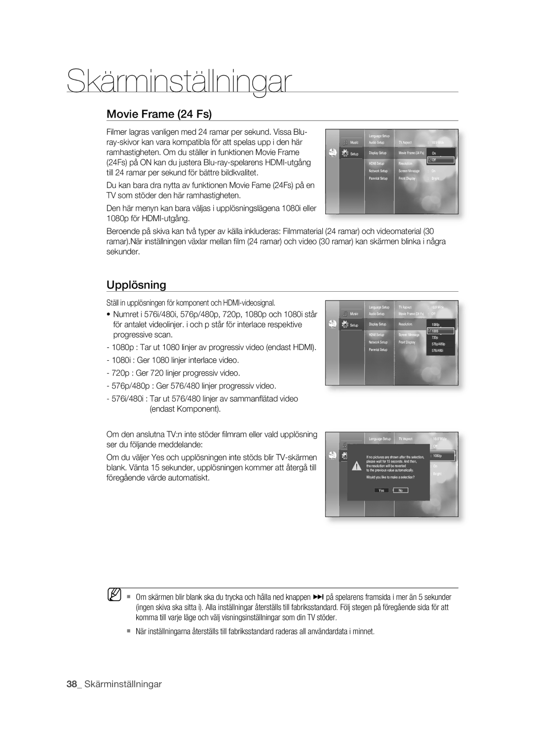 Samsung BD-P1500/XEE manual Movie Frame 24 Fs, Upplösning 