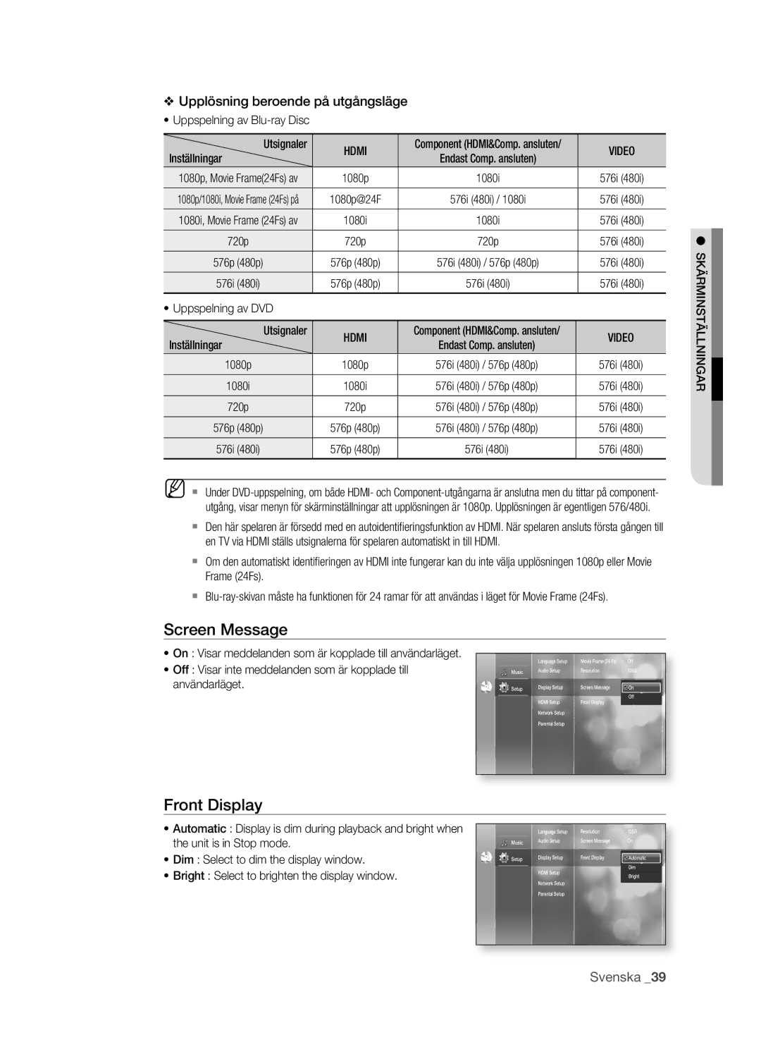 Samsung BD-P1500/XEE manual Screen Message, Front Display, Video, Skärminställningar 