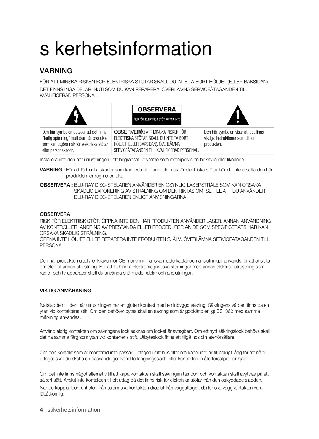 Samsung BD-P1500/XEE manual Säkerhetsinformation, Varning, Produkten, Eller personskador, Viktig Anmärkning 