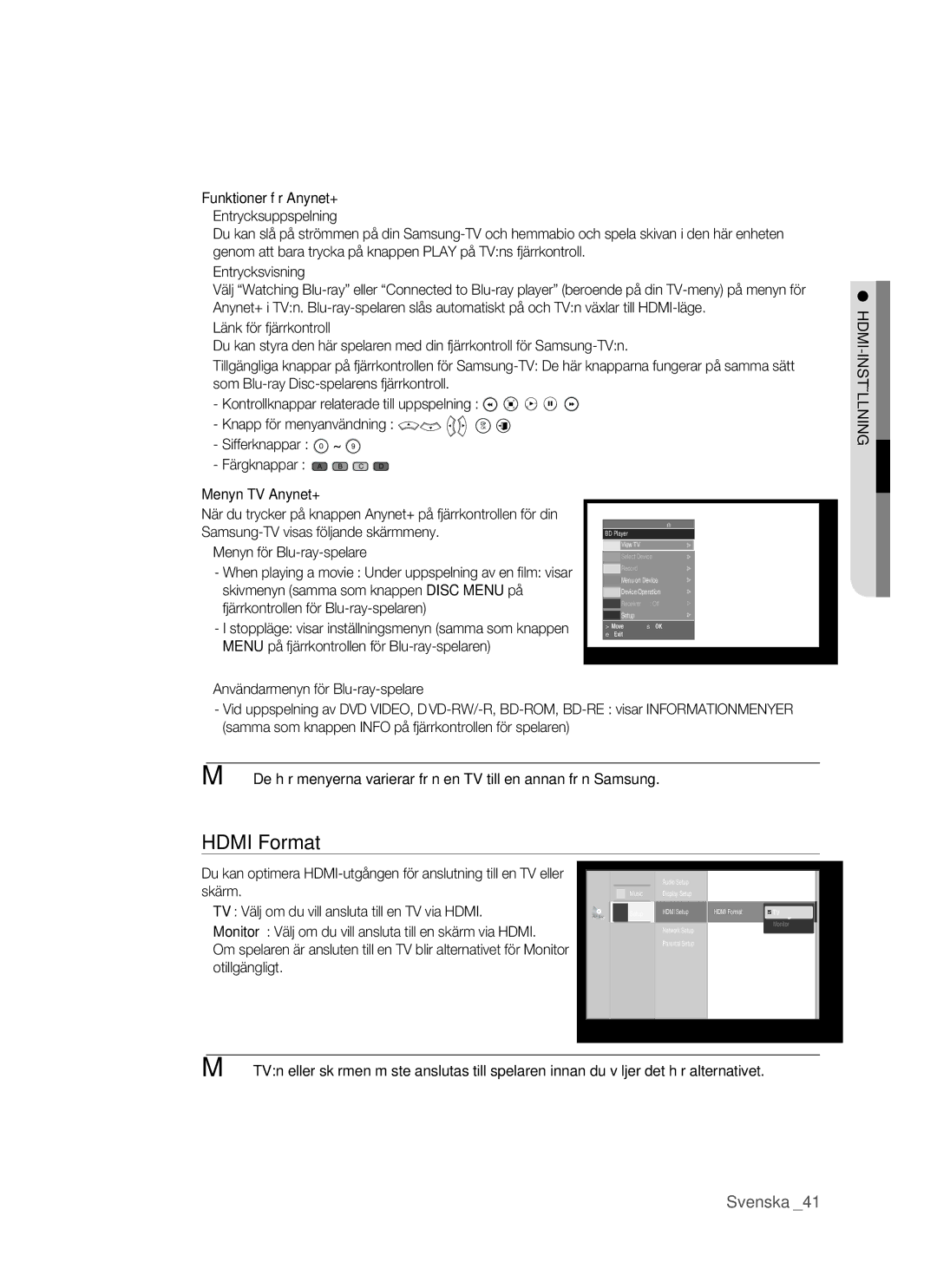 Samsung BD-P1500/XEE manual Hdmi Format, Inställning 