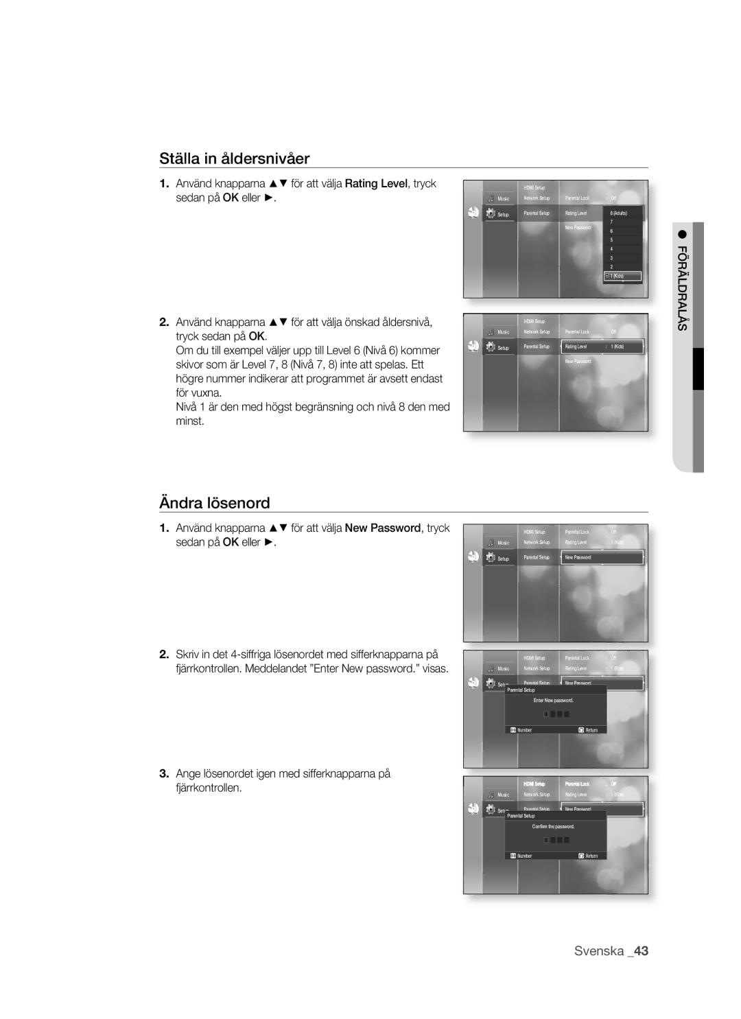 Samsung BD-P1500/XEE Ställa in åldersnivåer, Ändra lösenord, Använd knapparna för att välja önskad åldersnivå, Föräldralås 