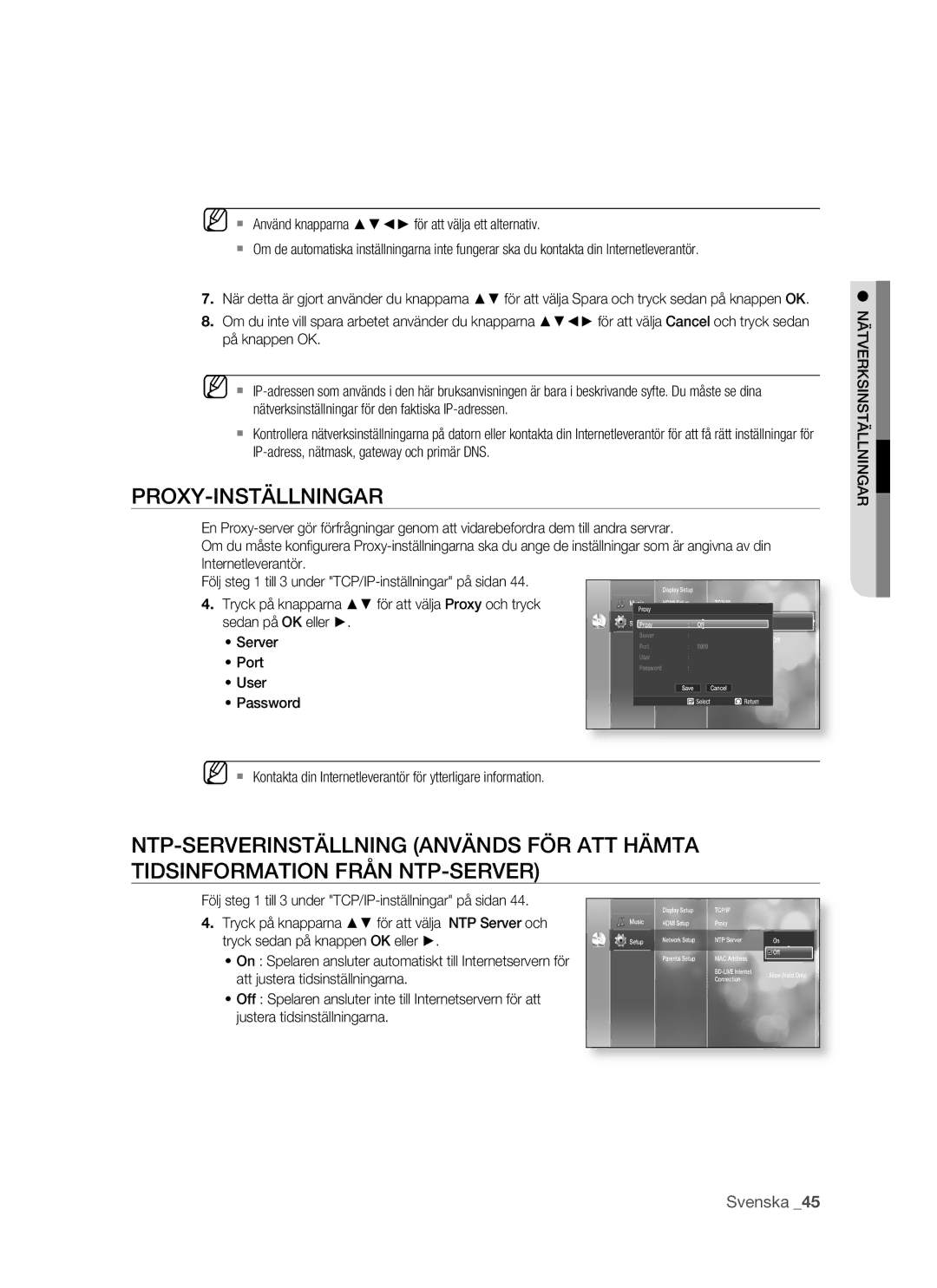 Samsung BD-P1500/XEE manual Proxy-Inställningar, Nätverksinställningar 