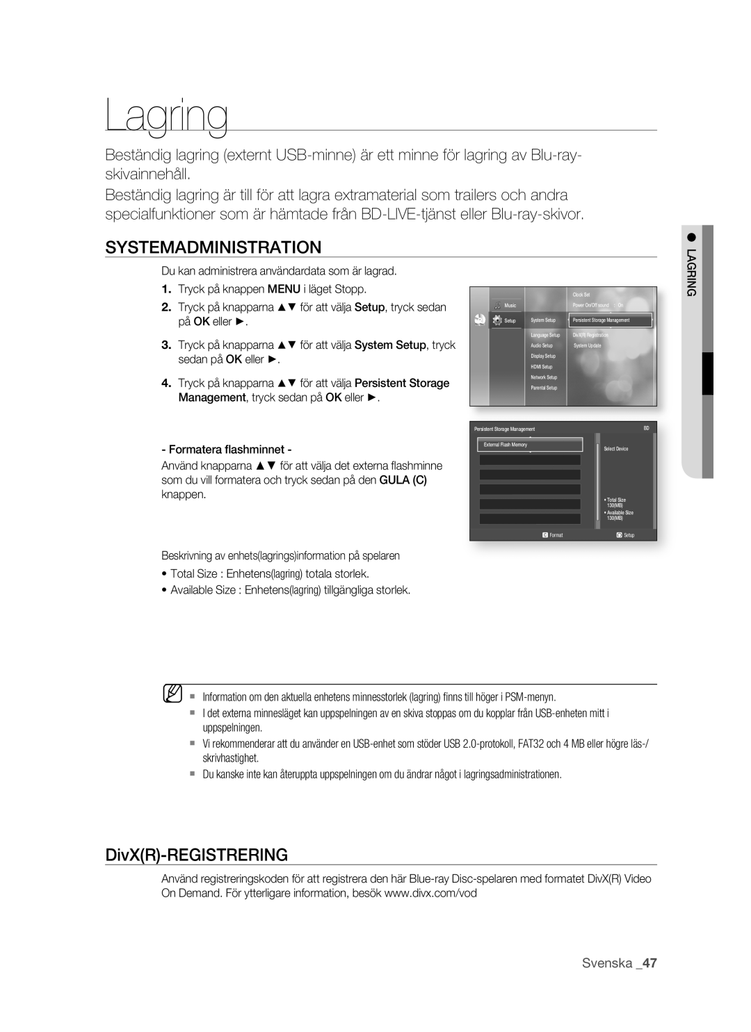 Samsung BD-P1500/XEE manual Lagring, Systemadministration, Tryck på knappen Menu i läget Stopp, På OK eller 