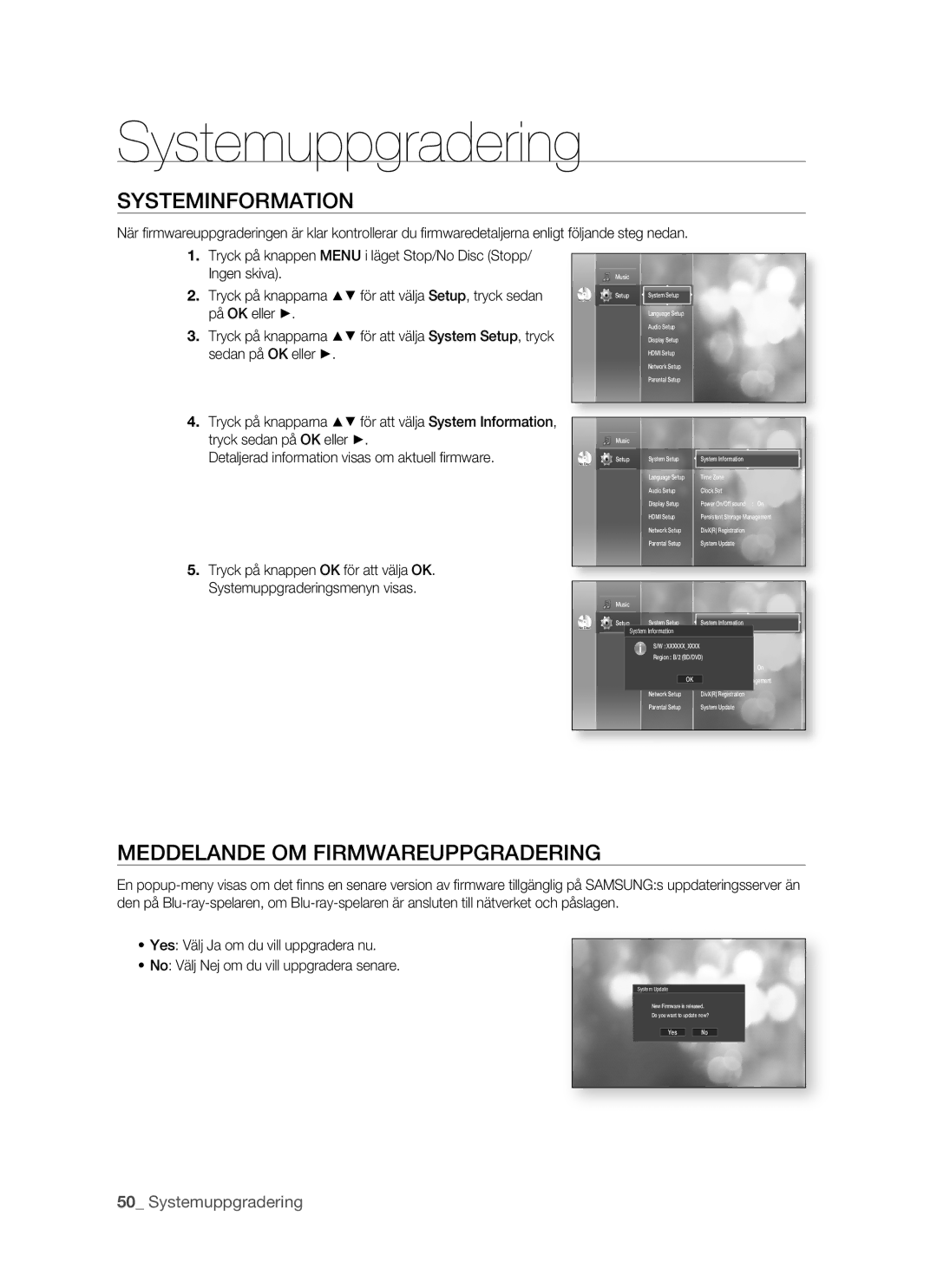 Samsung BD-P1500/XEE manual Systeminformation, Meddelande OM Firmwareuppgradering 