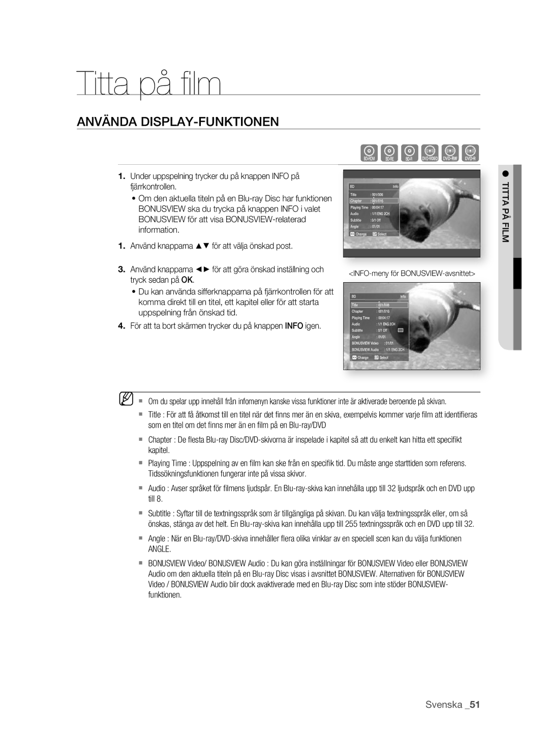 Samsung BD-P1500/XEE manual Titta på ﬁ lm, Använda DISPLAY-FUNKTIONEN, Titta PÅ Film, Angle 