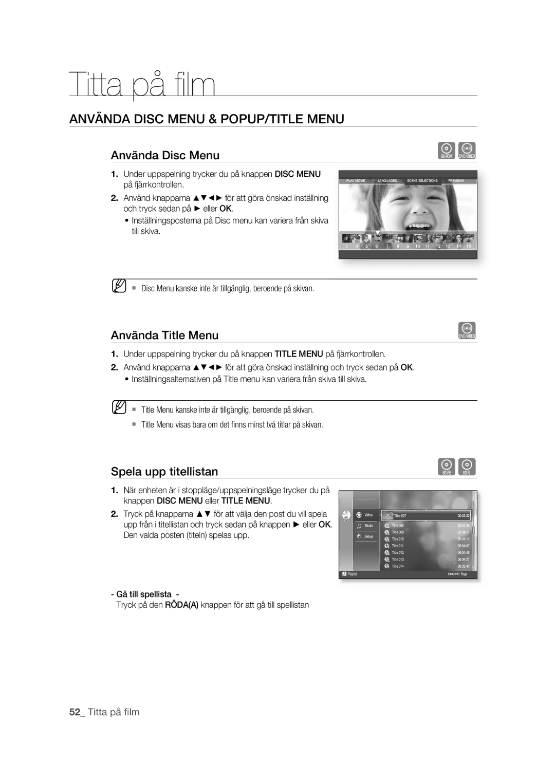 Samsung BD-P1500/XEE manual Använda Disc Menu & POPUP/TITLE Menu, Använda Title Menu, Spela upp titellistan 