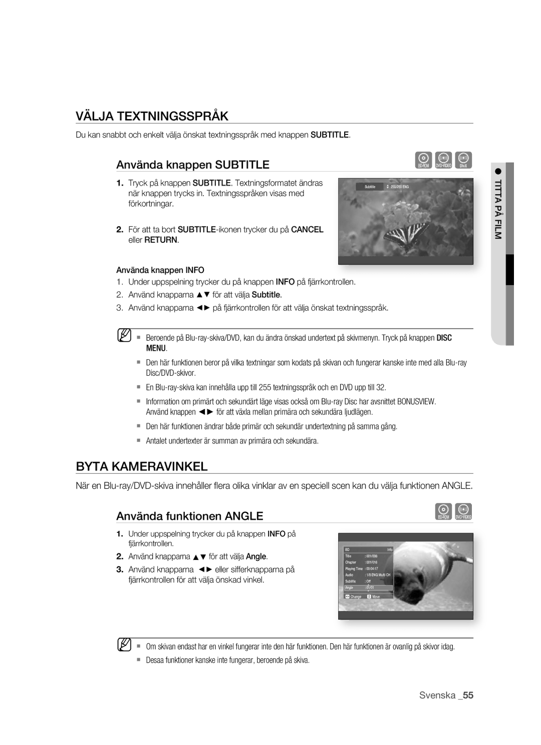 Samsung BD-P1500/XEE manual Välja Textningsspråk, Byta Kameravinkel, Använda funktionen Angle 