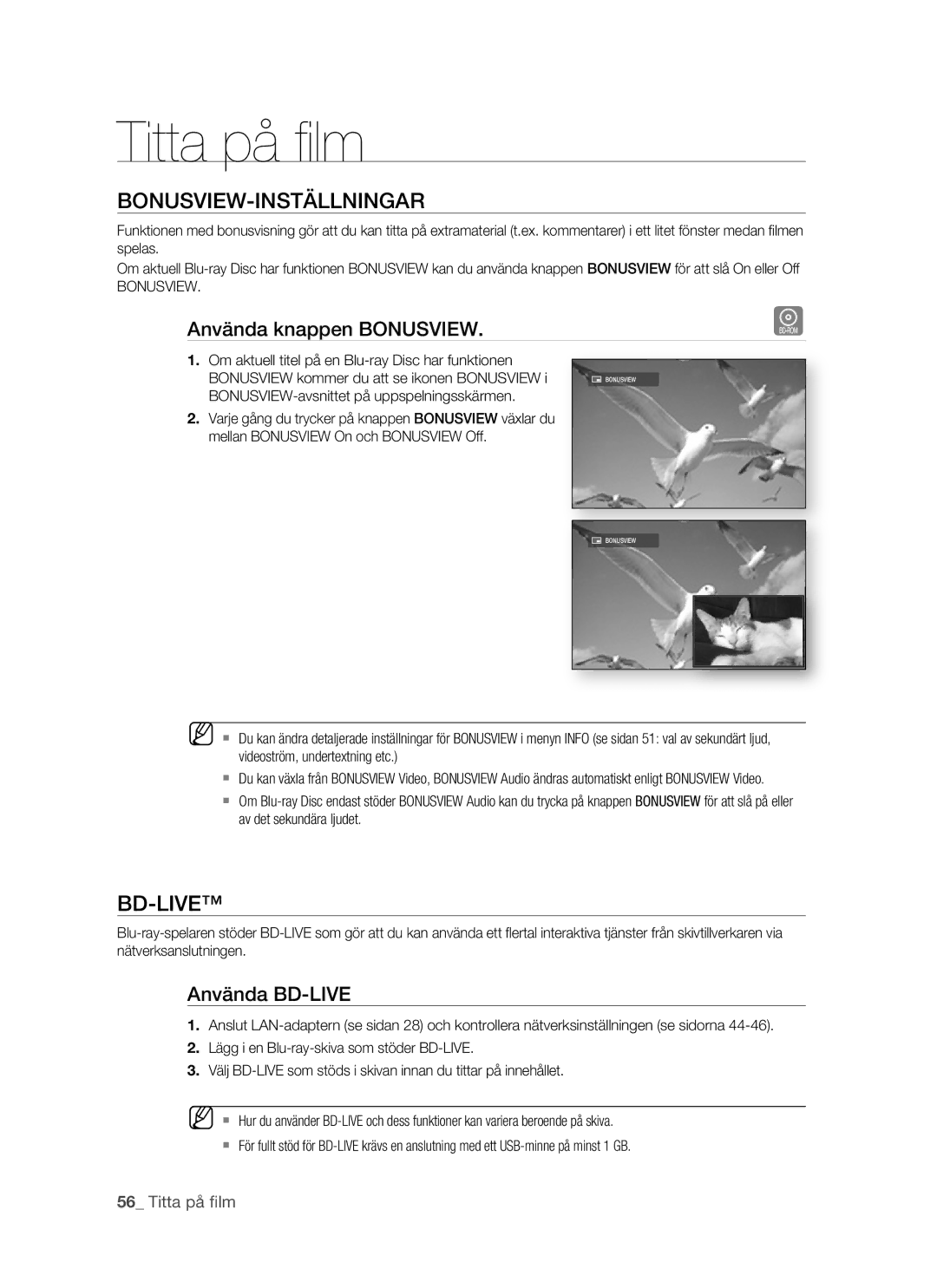 Samsung BD-P1500/XEE manual Bonusview-Inställningar, Bd-Live, Använda knappen Bonusview, Använda BD-LIVE 