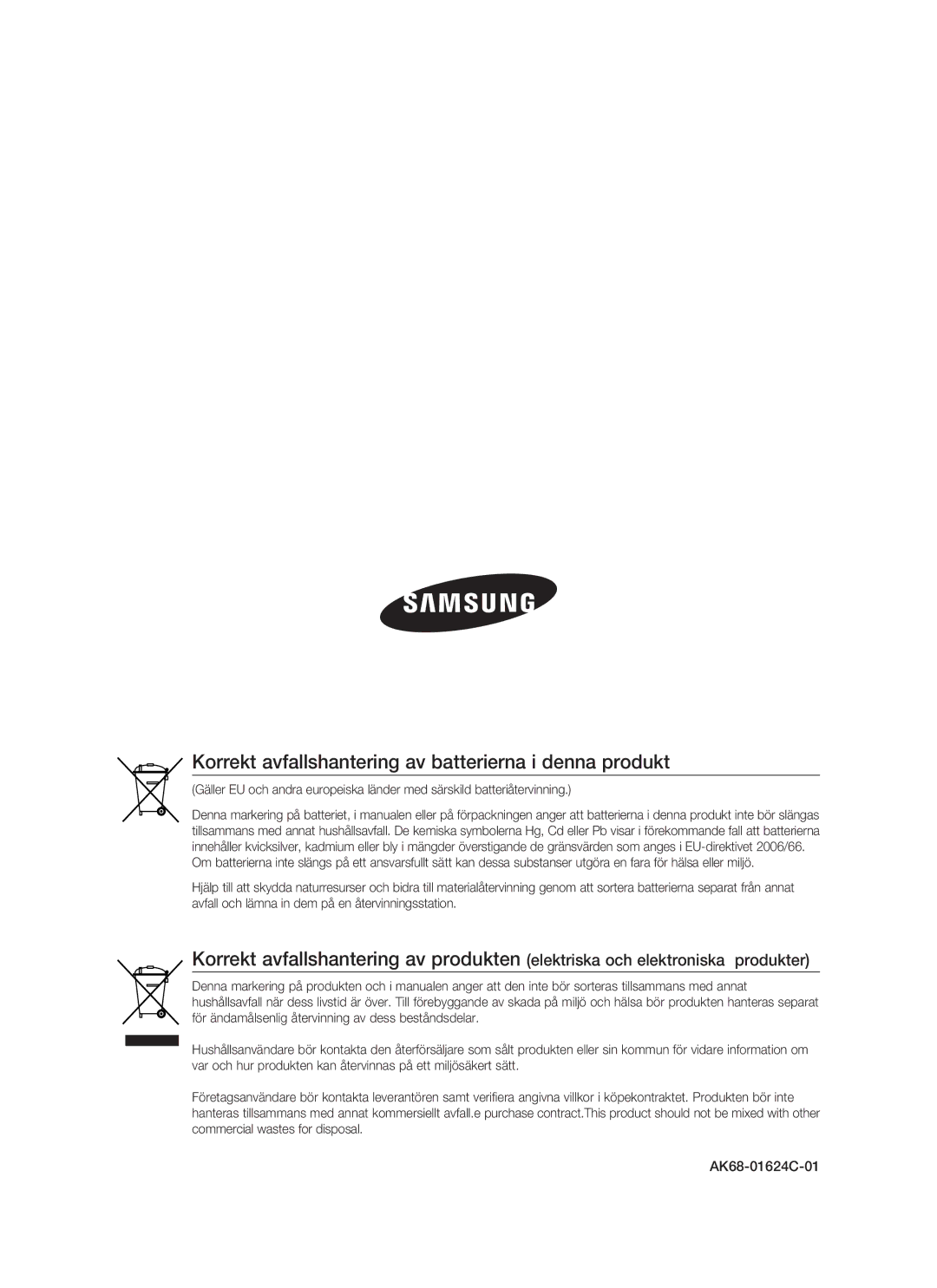 Samsung BD-P1500/XEE manual Korrekt avfallshantering av batterierna i denna produkt 