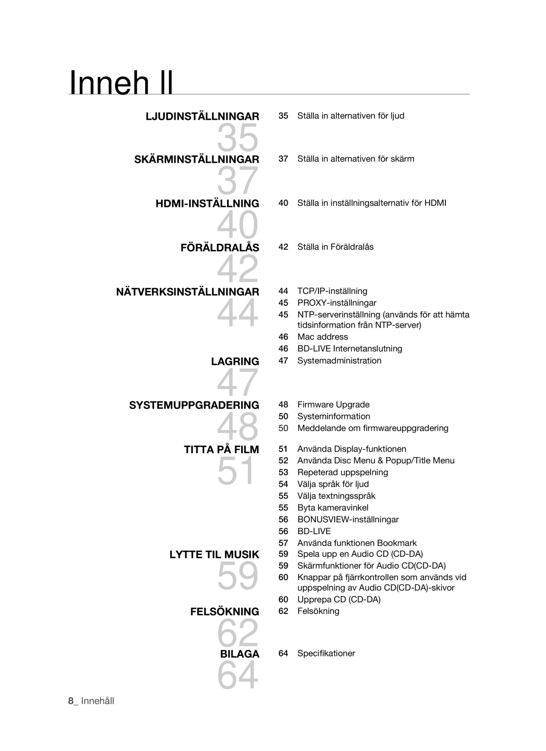 Samsung BD-P1500/XEE manual Innehåll 