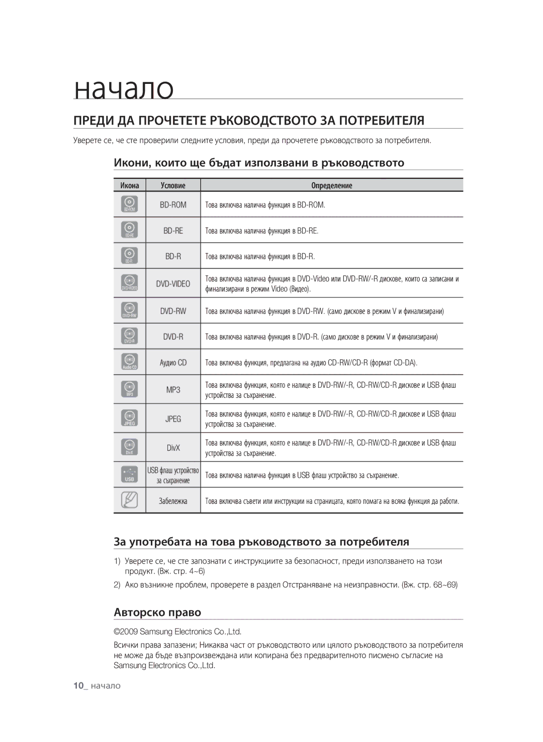 Samsung BD-P1580/EDC manual Начало, Преди да прочетете ръководството за потребителя, Авторско право 