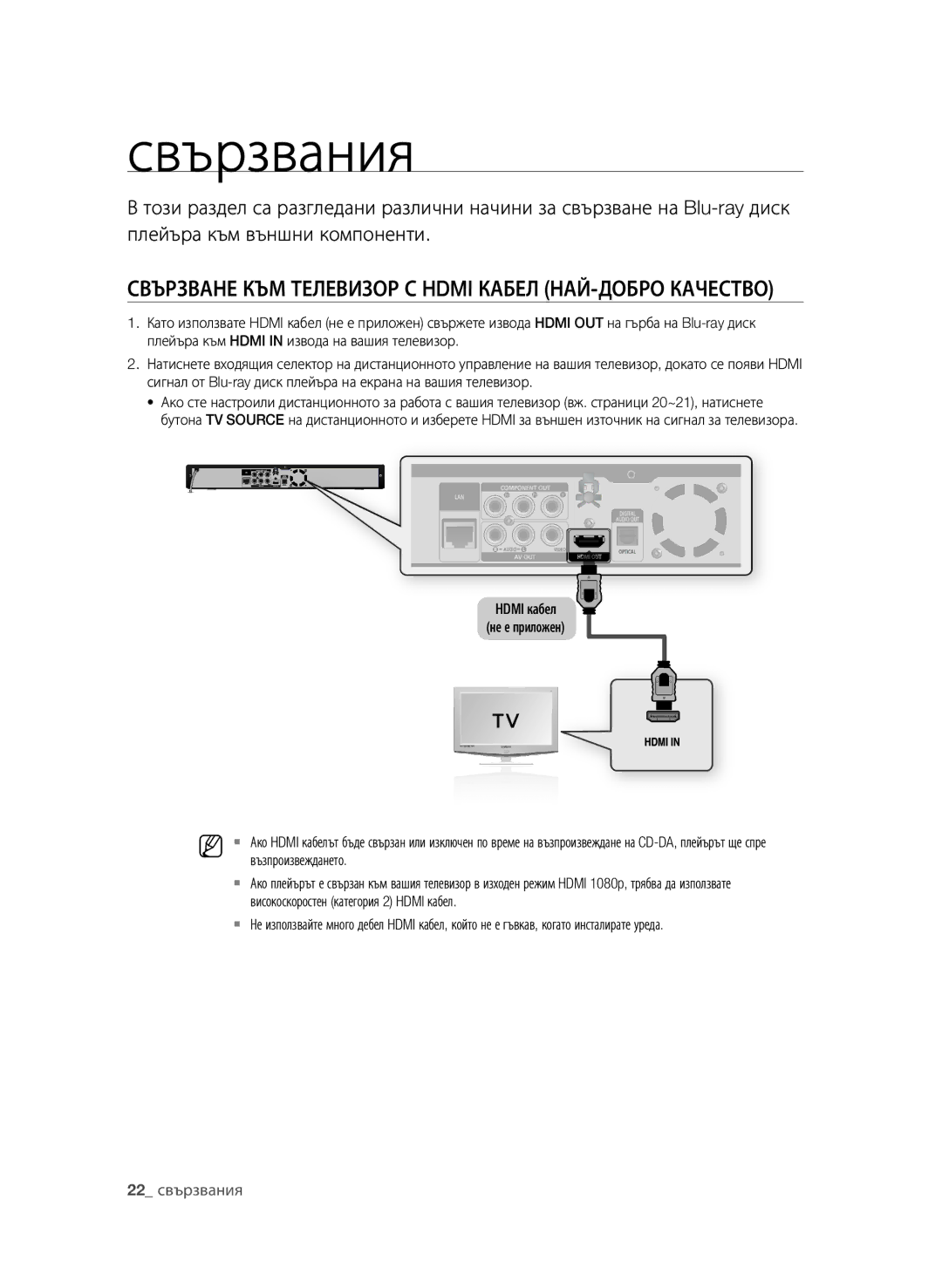 Samsung BD-P1580/EDC manual Свързвания, Възпроизвеждането, Високоскоростен категория 2 Hdmi кабел 