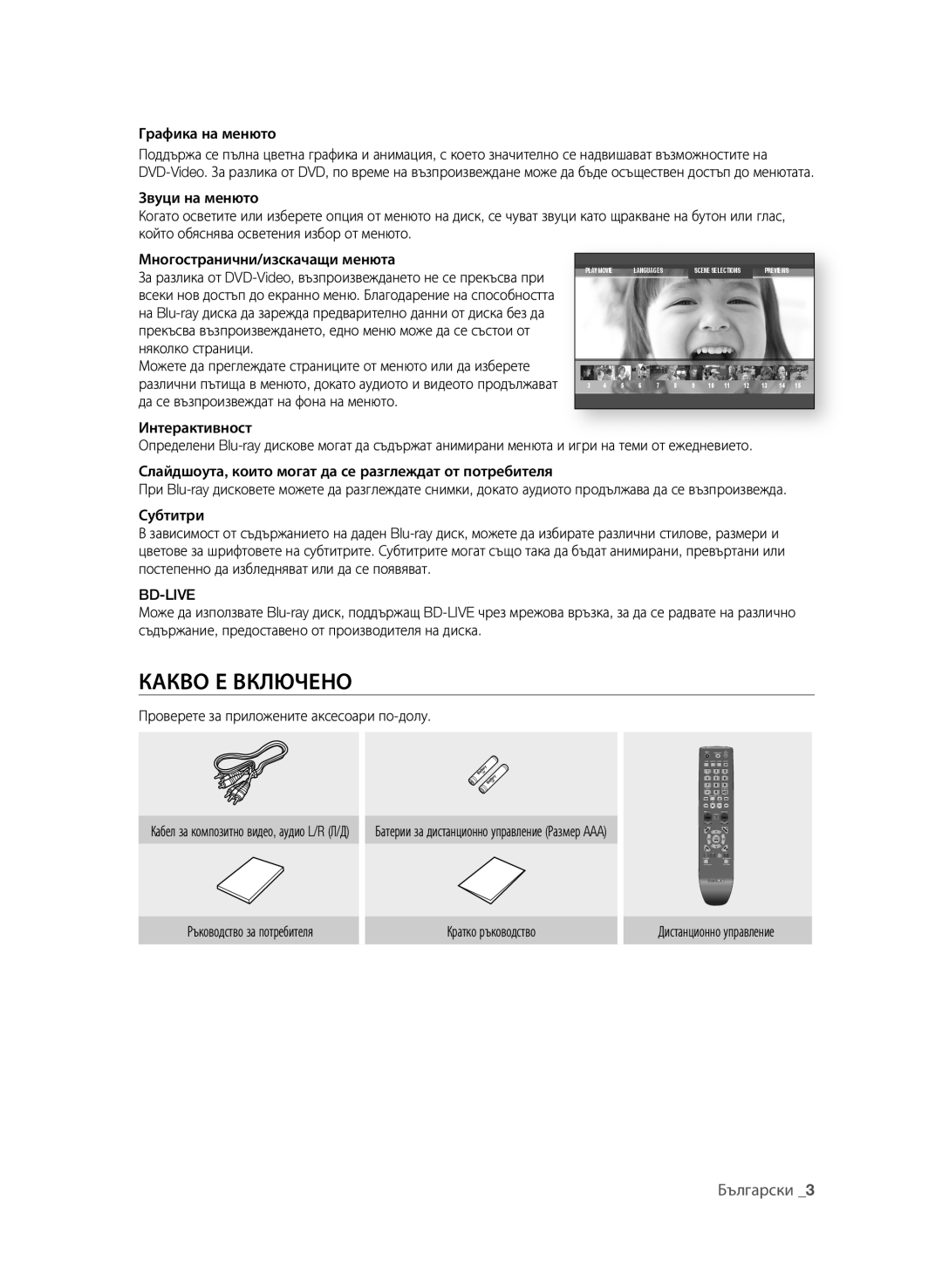 Samsung BD-P1580/EDC manual Какво е ВКЛЮченО, Графика на менюто, Bd-Live, Проверете за приложените аксесоари по-долу 