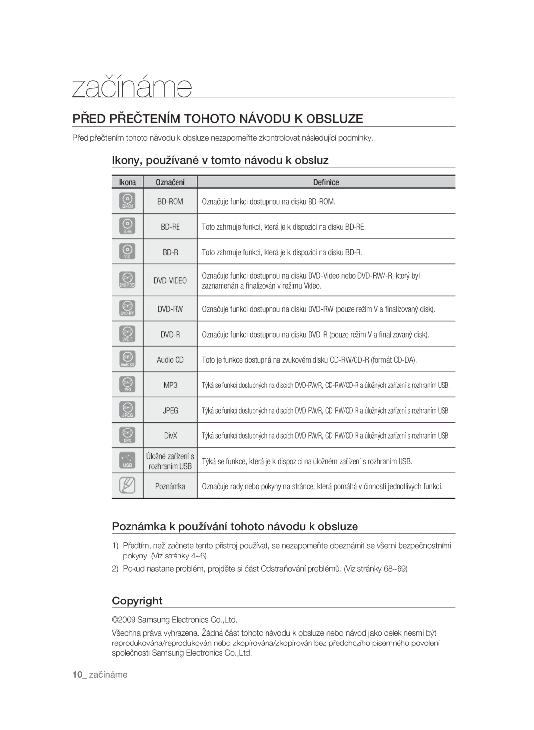 Samsung BD-P1580/EDC Začínáme, Před přečtením tohoto návodu k obsluze, Ikony, používané v tomto návodu k obsluz, Copyright 