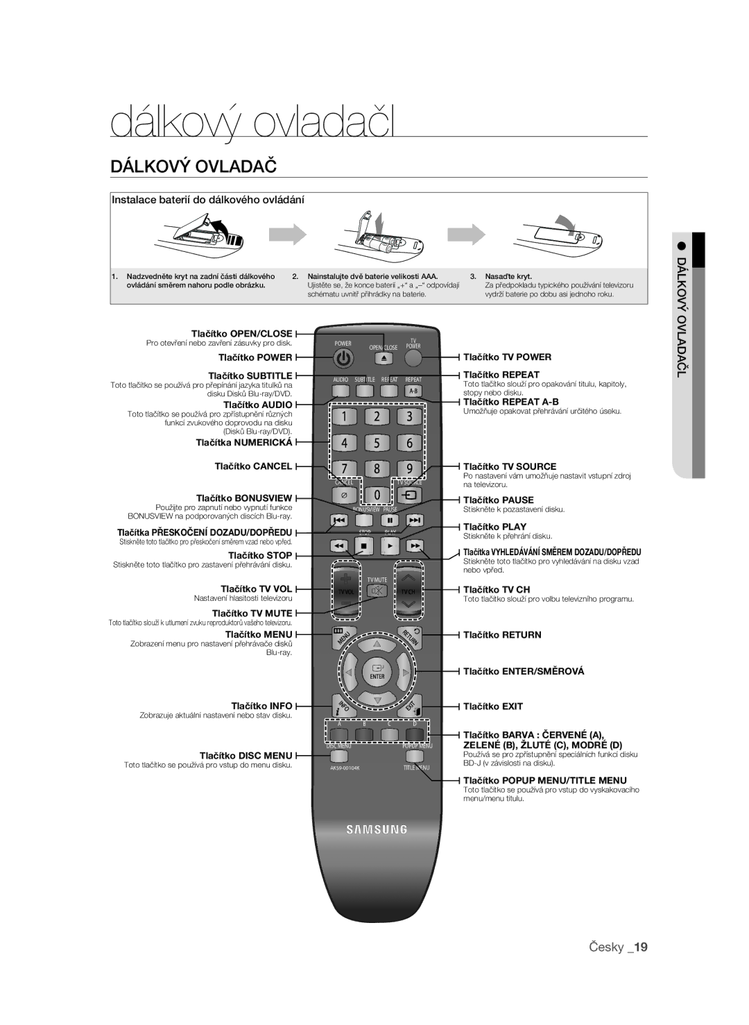 Samsung BD-P1580/EDC manual Dálkový ovladačl 