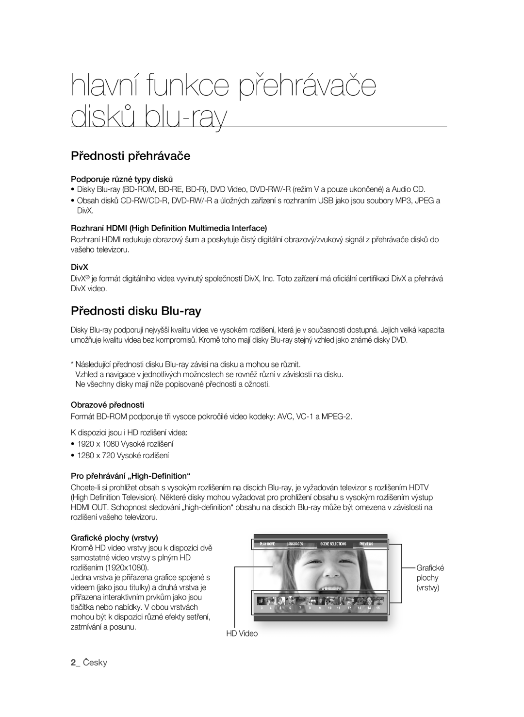 Samsung BD-P1580/EDC manual Přednosti přehrávače, Přednosti disku Blu-ray, HD Video 