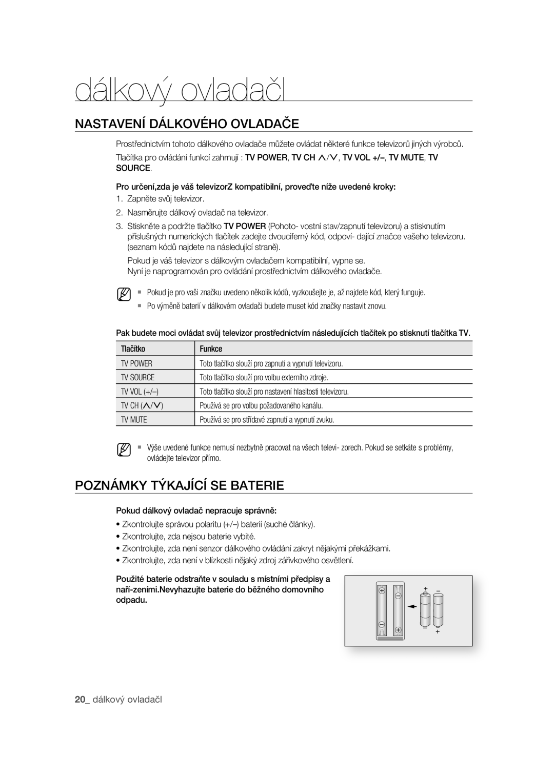 Samsung BD-P1580/EDC manual NasTaVEní DáLKoVého oVLaDaČE, PoZnáMKy TÝKaJíCí sE BaTErIE, TV Power, TV Source, TV Mute 