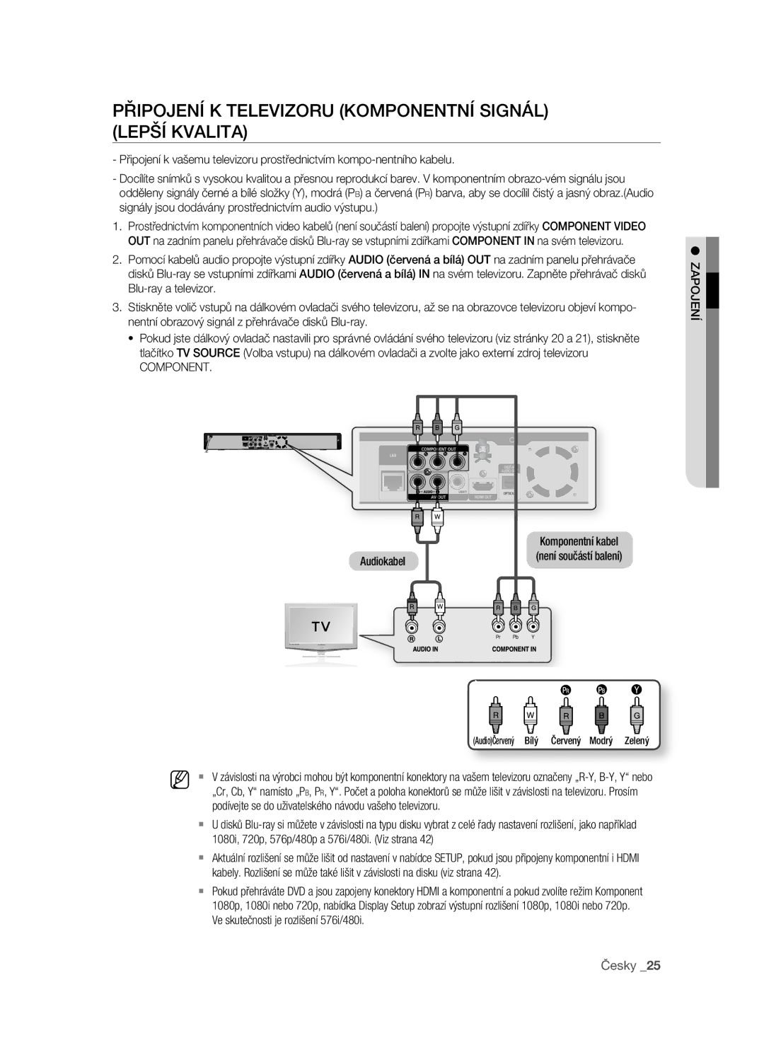 Samsung BD-P1580/EDC manual PřIPoJEní K TELEVIZorU KoMPonEnTní sIgnáL LEPší KVaLITa, ZaPoJEní Audiokabel 