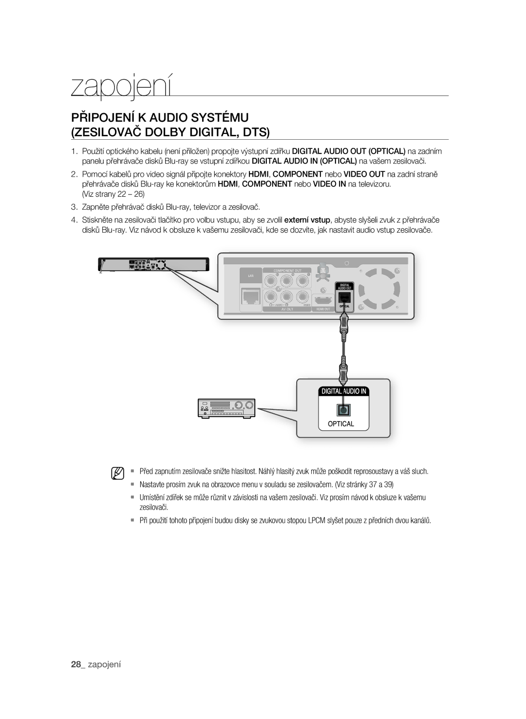 Samsung BD-P1580/EDC manual Připojení k audio systému Zesilovač Dolby Digital, DTS 