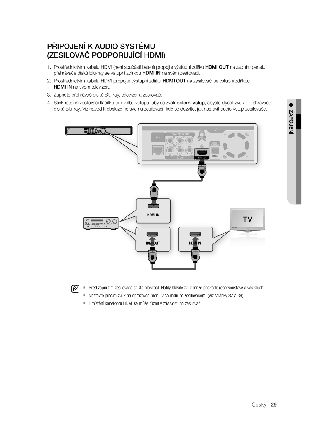 Samsung BD-P1580/EDC manual Připojení k audio systému Zesilovač podporující Hdmi 