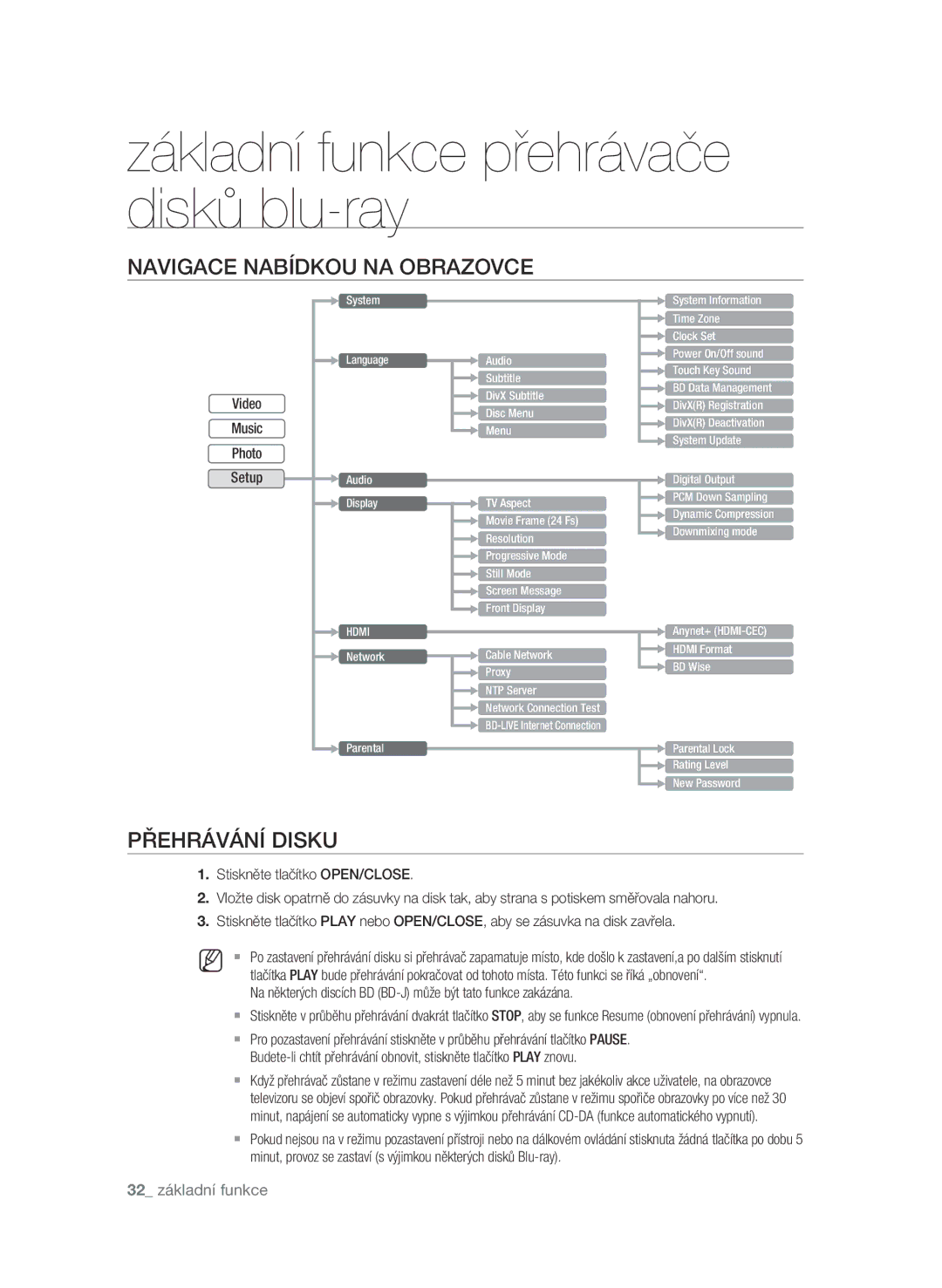 Samsung BD-P1580/EDC manual Navigace nabídkou na obrazovce, Přehrávání disku 