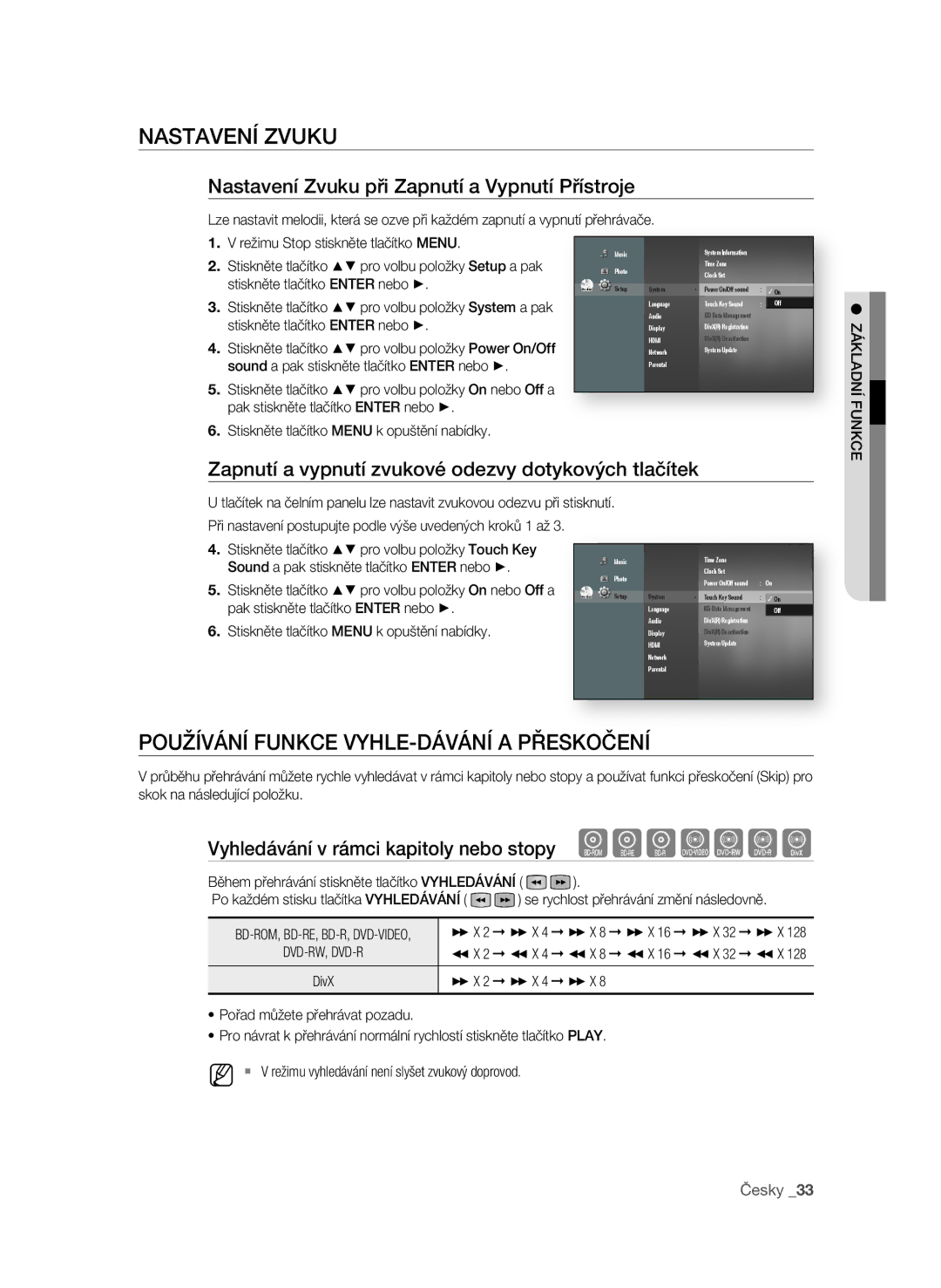 Samsung BD-P1580/EDC manual NasTaVEní Zvuku, PoUŽíVání fUnKCE VyhLE-DáVání a PřEsKoČEní 