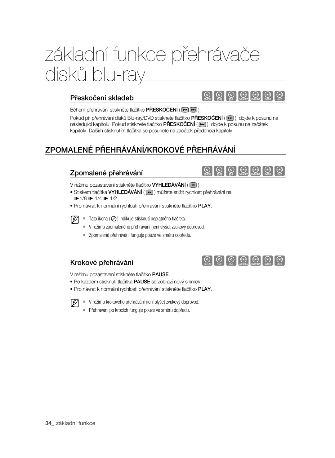 Samsung BD-P1580/EDC manual Zpomalené přehrávání/Krokové přehrávání, Přeskočení skladeb 