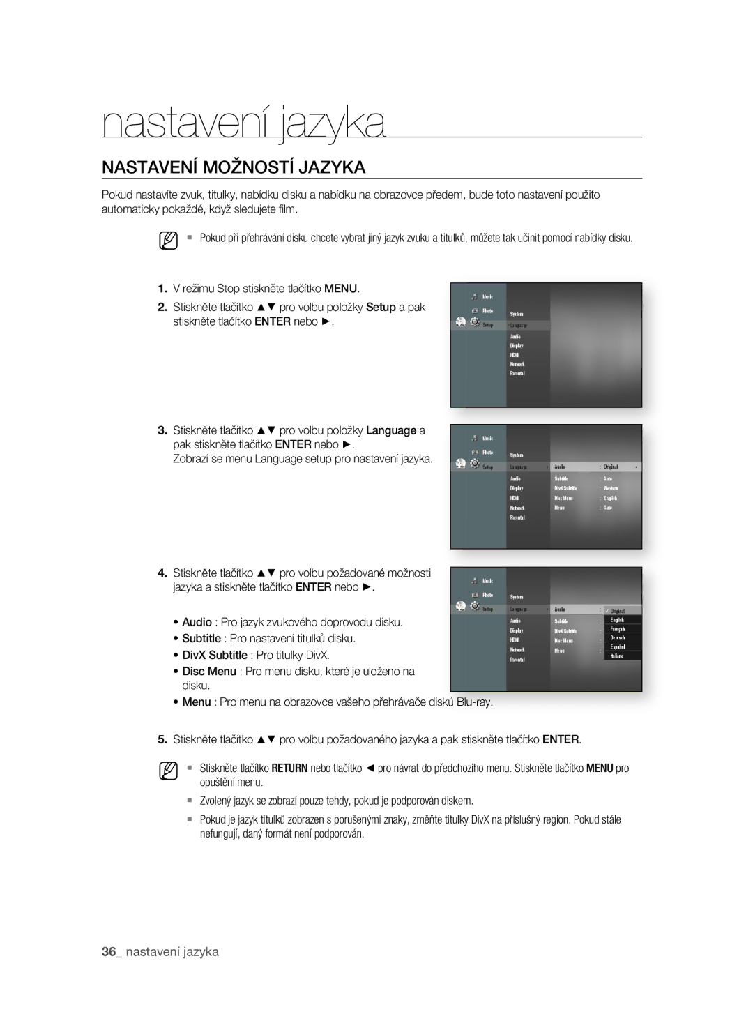 Samsung BD-P1580/EDC manual Nastavení jazyka, NasTaVEní MoŽnosTí JaZyKa 