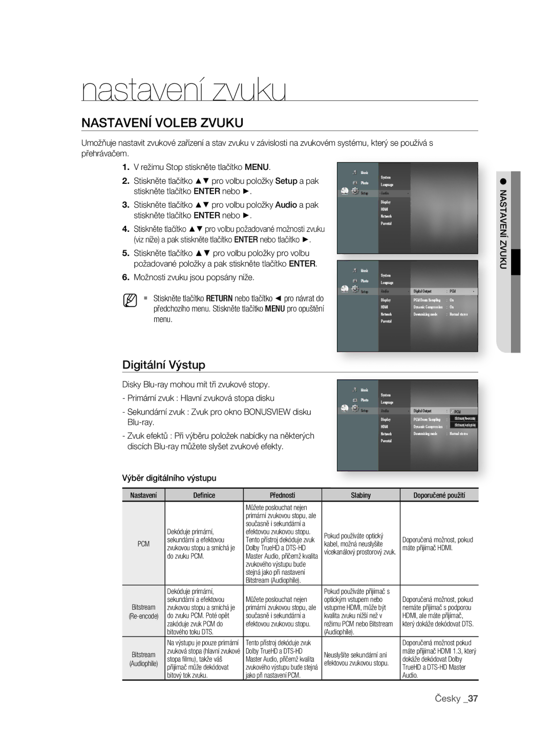 Samsung BD-P1580/EDC manual Nastavení zvuku, NasTaVEní VoLEB Zvuku, Digitální Výstup 