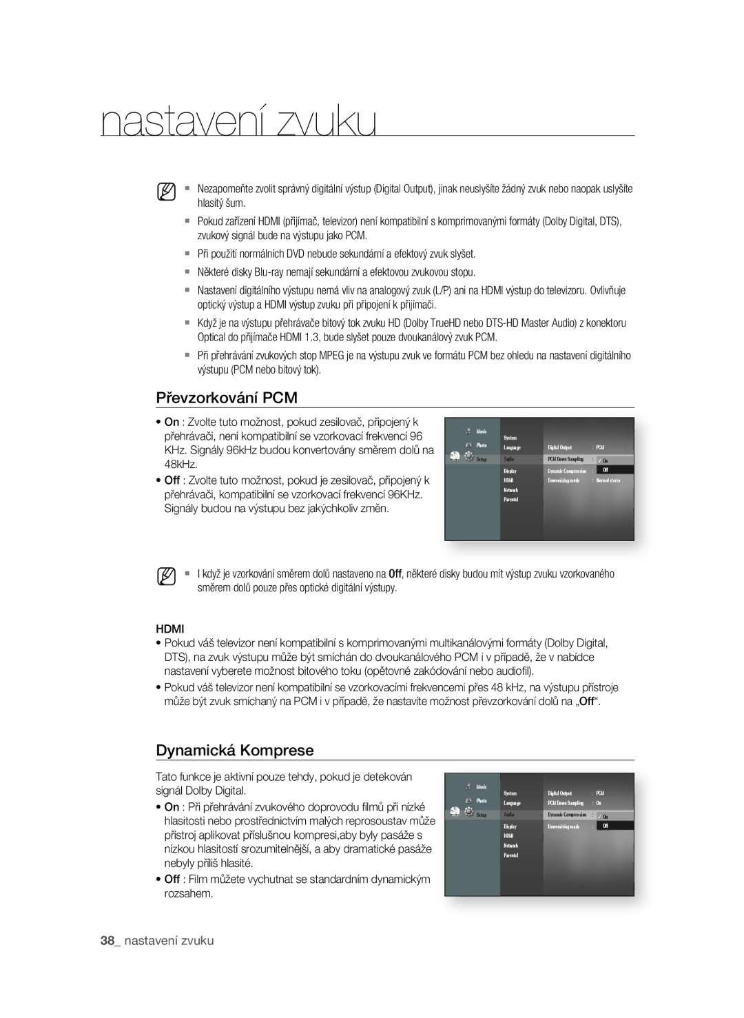 Samsung BD-P1580/EDC manual Převzorkování PCM, Dynamická Komprese 