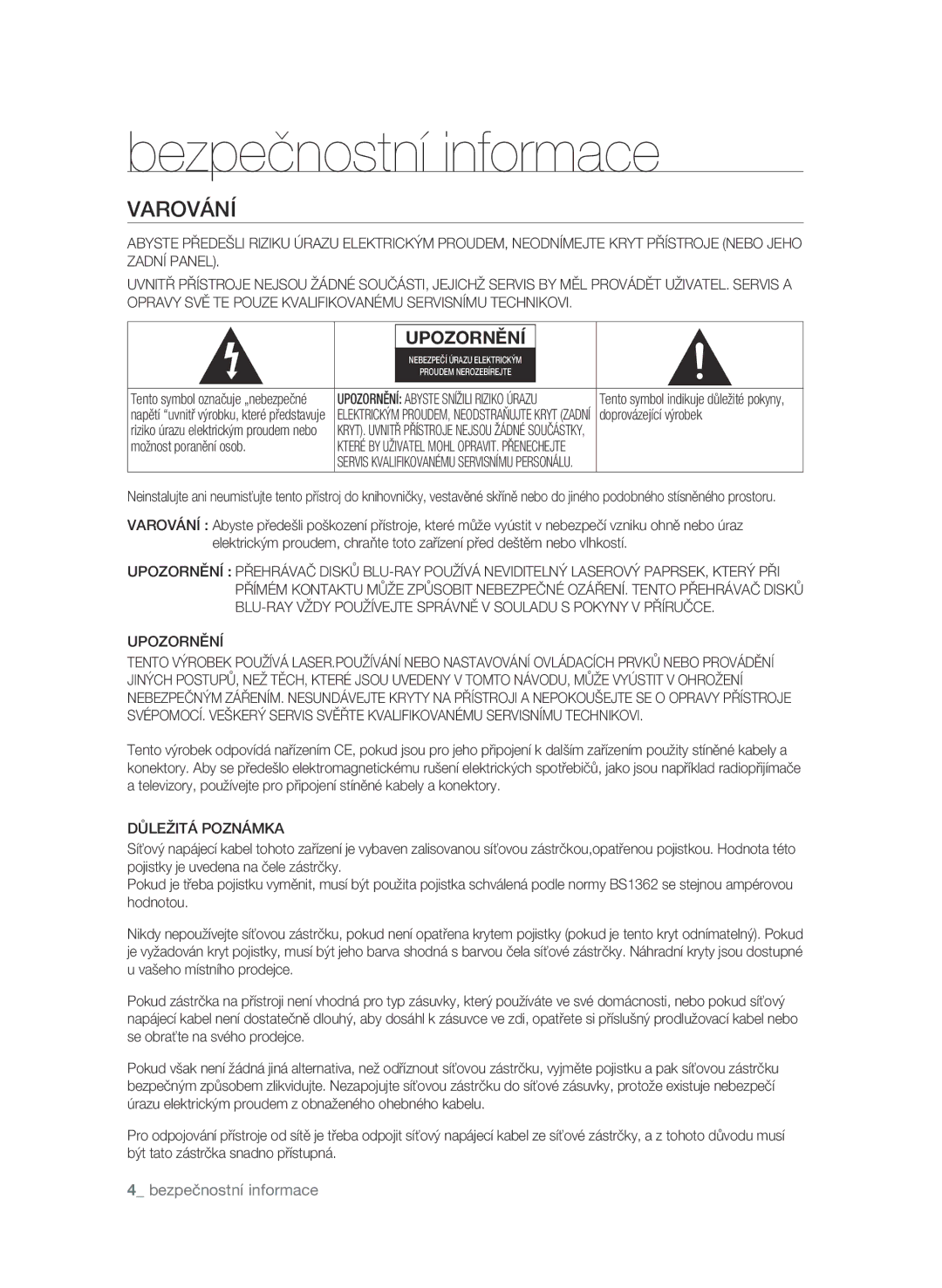 Samsung BD-P1580/EDC manual Bezpečnostní informace, Varování, Upozornění, Důležitá Poznámka 