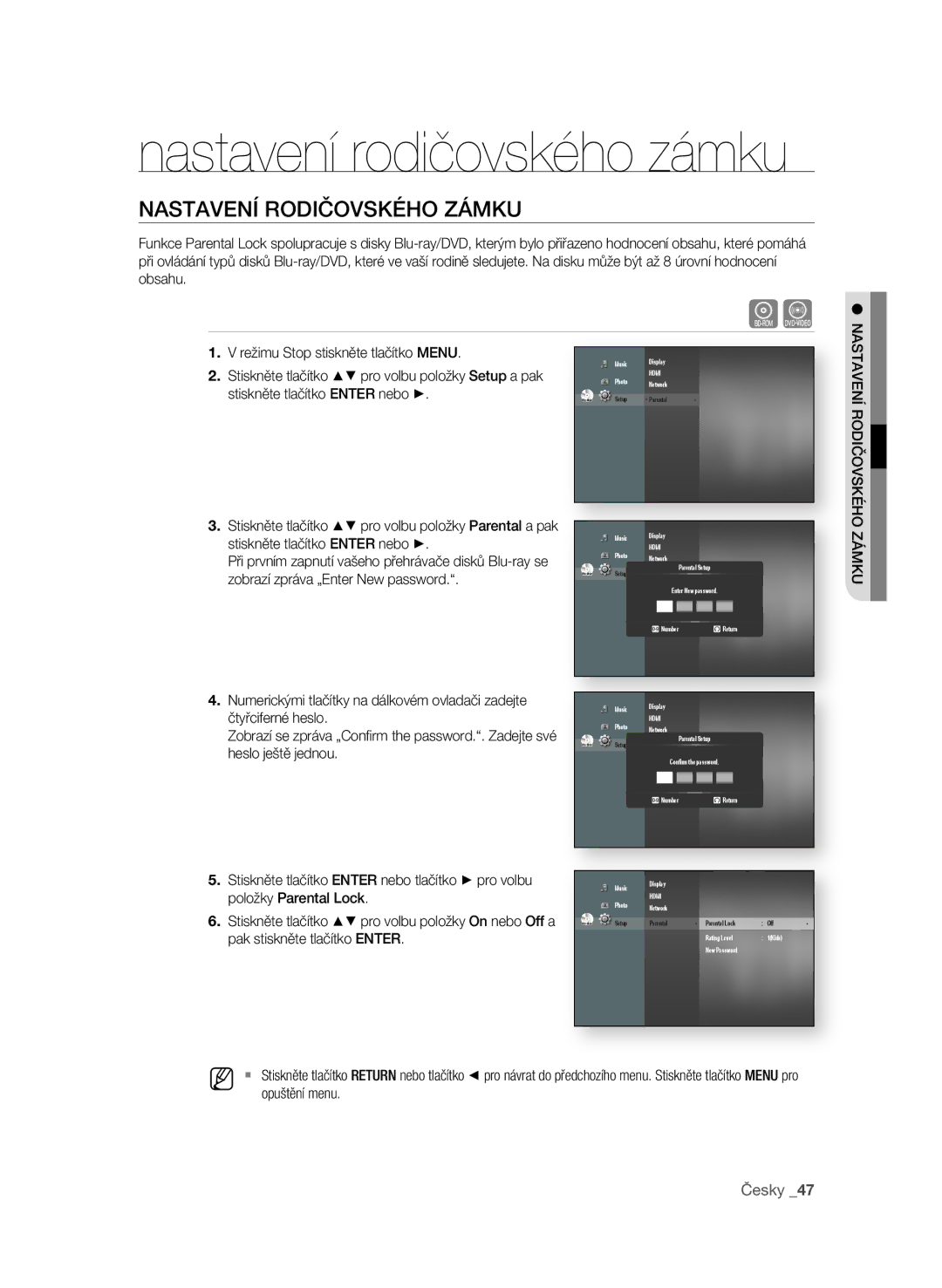 Samsung BD-P1580/EDC manual NasTaVEní roDIČoVsKého ZáMKU, Stiskněte tlačítko EnTEr nebo tlačítko + pro volbu 