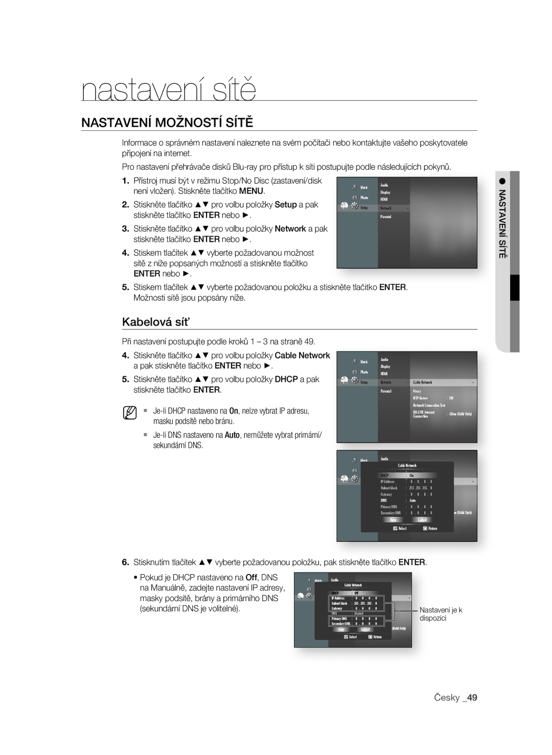 Samsung BD-P1580/EDC manual Nastavení sítě, NasTaVEní MoŽnosTí síTĚ, Kabelová síť 