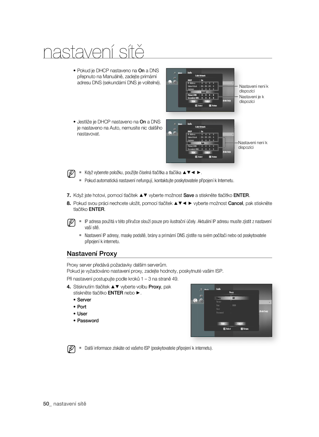 Samsung BD-P1580/EDC manual Nastavení Proxy, Nastavovat, Server, Port User Password 